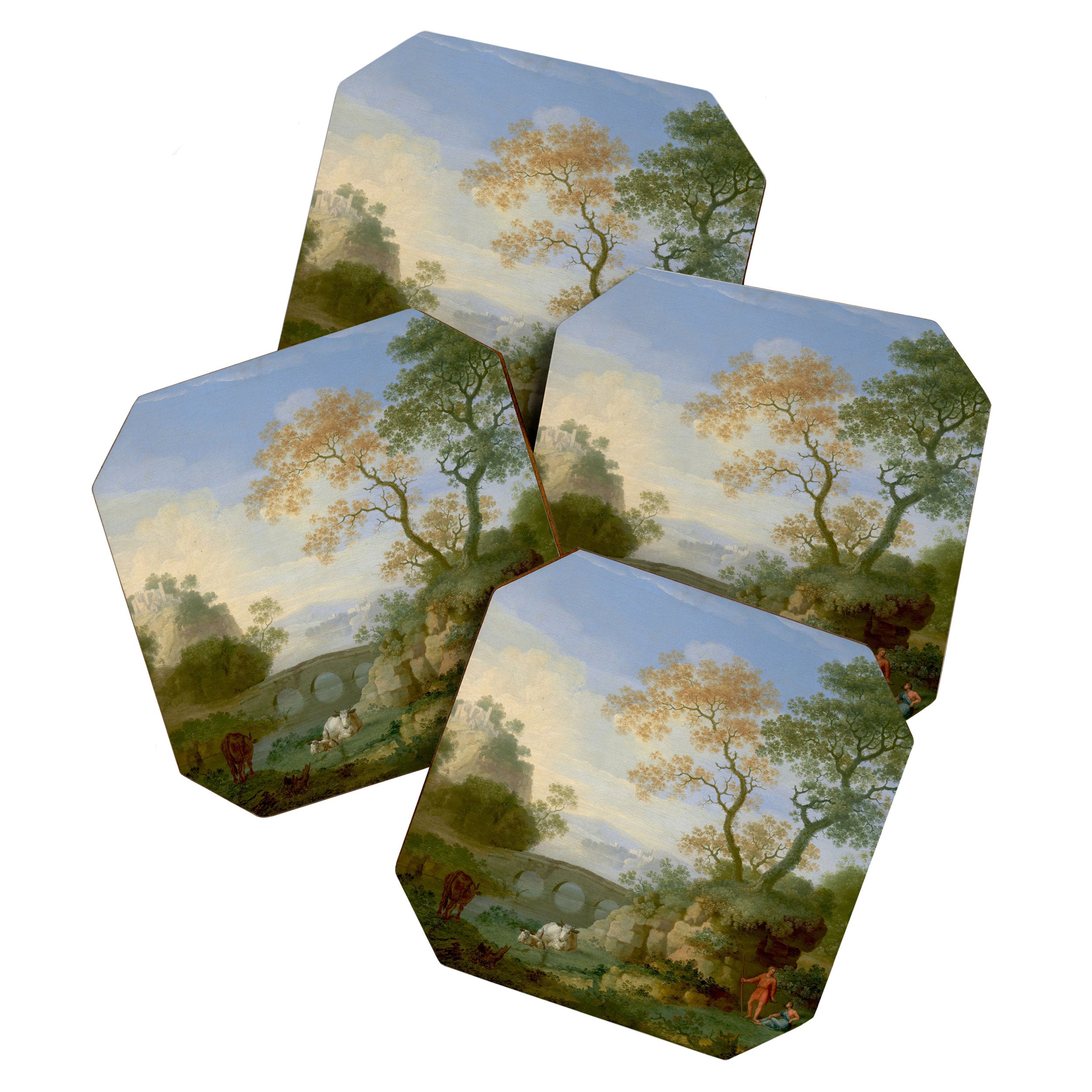 A Landscape with Distant Classical Ruins, a Bridge, Figures, and Cattle Coaster Gallery Image 1