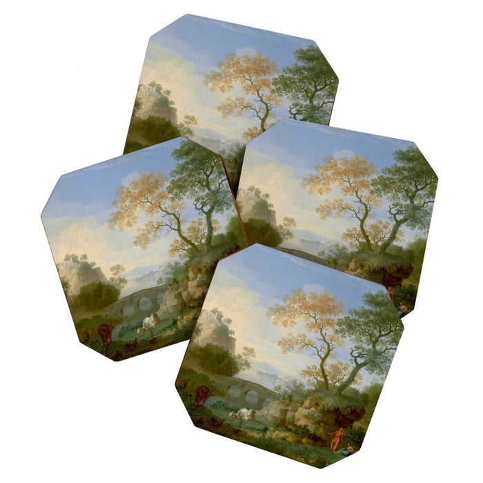 A Landscape with Distant Classical Ruins, a Bridge, Figures, and Cattle Coaster Gallery Image 1