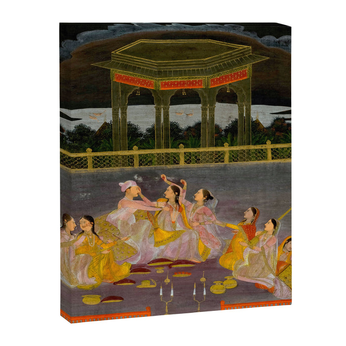 A prince celebrating Holi with palace women on a terrace at night Indian Miniature Painting Indian Miniature Painting  Canvas Print Gallery Image 1