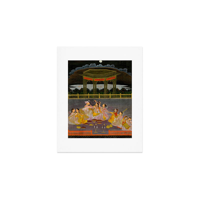 A prince celebrating Holi with palace women on a terrace at night Indian Miniature Painting Indian Miniature Painting  Art Print Gallery Image 1