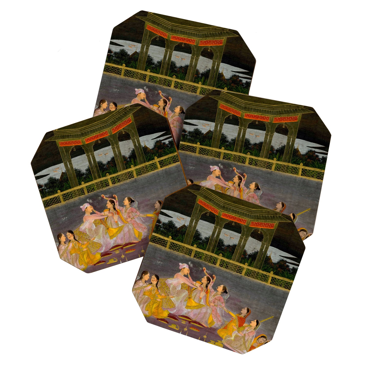 A prince celebrating Holi with palace women on a terrace at night Indian Miniature Painting Indian Miniature Painting  Coaster Gallery Image 1