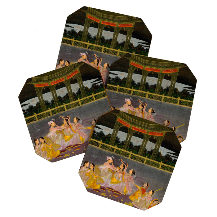 A prince celebrating Holi with palace women on a terrace at night Indian Miniature Painting Indian Miniature Painting  Coaster Gallery Image 1