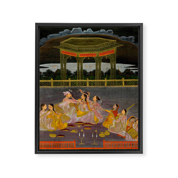 A prince celebrating Holi with palace women on a terrace at night Indian Miniature Painting Indian Miniature Painting  Framed Canvas Print Gallery Image 1