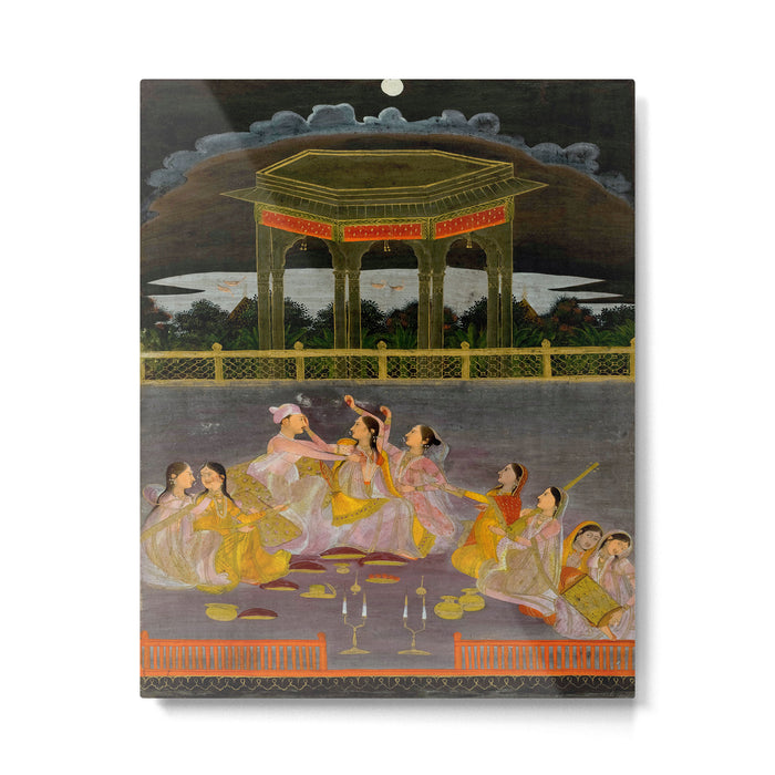 A prince celebrating Holi with palace women on a terrace at night Indian Miniature Painting Indian Miniature Painting  Metal Print Gallery Image 1