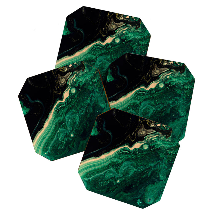 Abstract Pour Painting Liquid Marble Abstract Dark Green Painting Gold Accent Agate Stone Layers Coaster Gallery Image 1