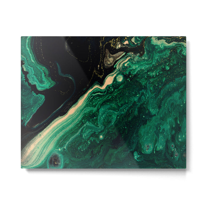 Abstract Pour Painting Liquid Marble Abstract Dark Green Painting Gold Accent Agate Stone Layers Metal Print Gallery Image 1