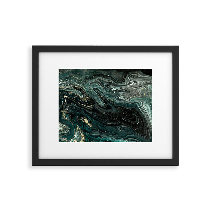 Abstract Pour Painting Liquid Marble Abstract Dark Green Painting Gold Accent Agate Stone Layers Framed Art Print Gallery Image 1