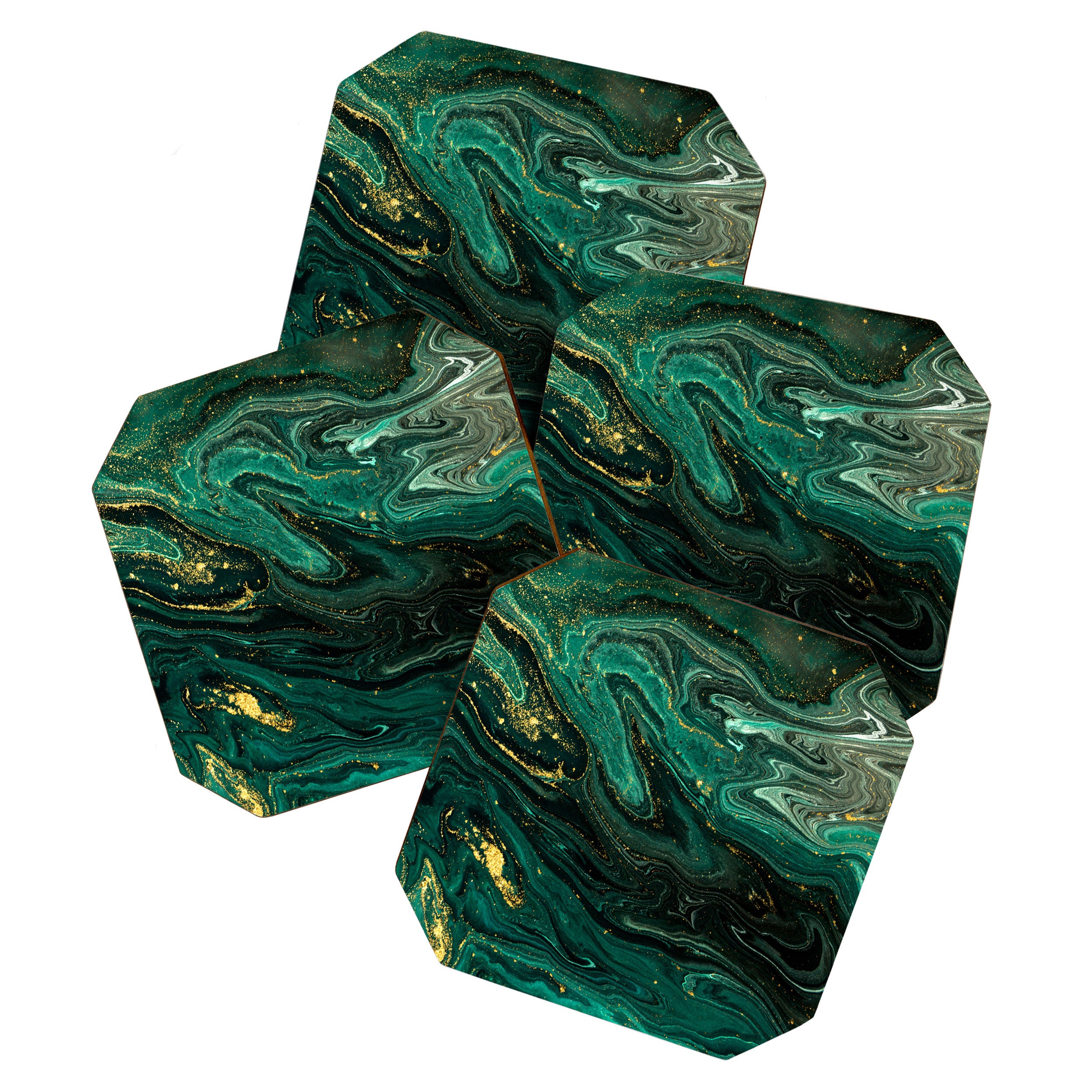 Abstract Pour Painting Liquid Marble Dark Green Teal Painting Gold Accent Coaster Gallery Image 1