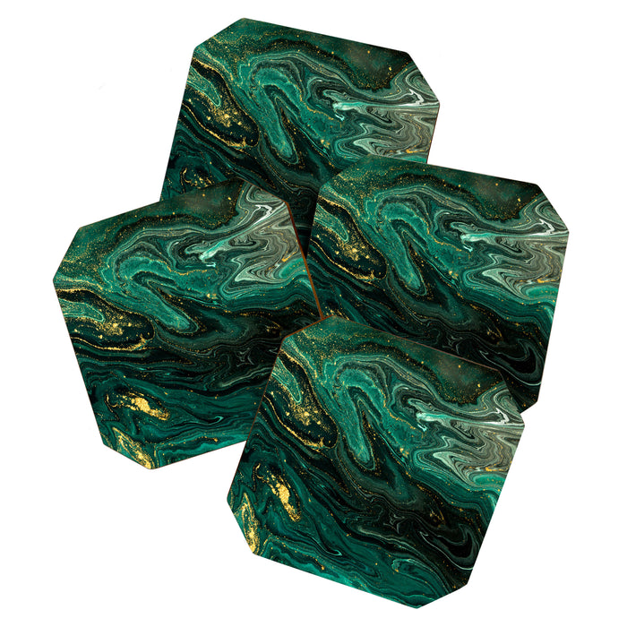 Abstract Pour Painting Liquid Marble Dark Green Teal Painting Gold Accent Coaster Gallery Image 1