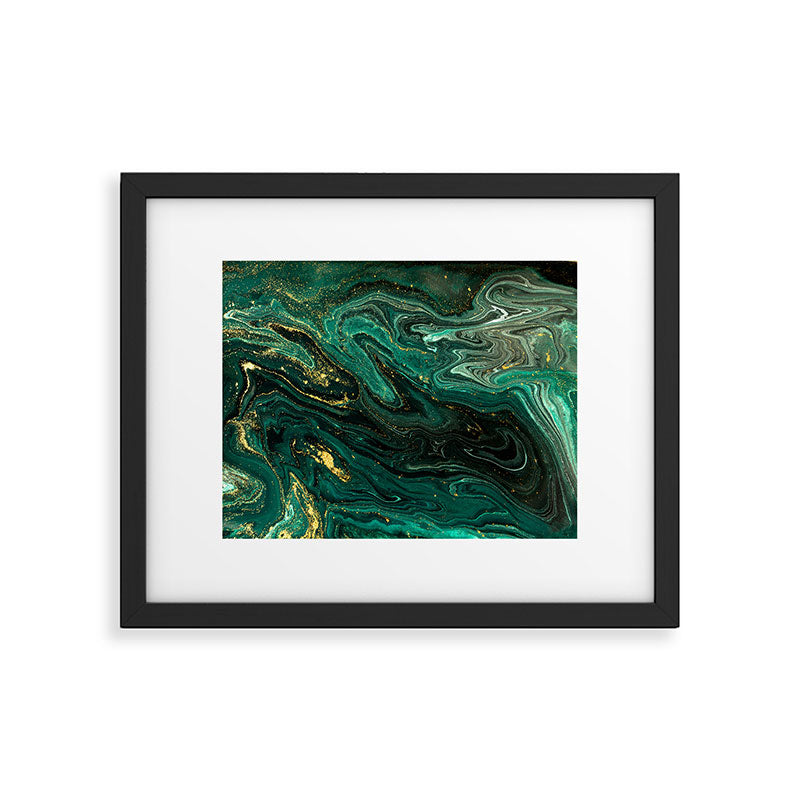 Abstract Pour Painting Liquid Marble Dark Green Teal Painting Gold Accent Framed Art Print Gallery Image 5