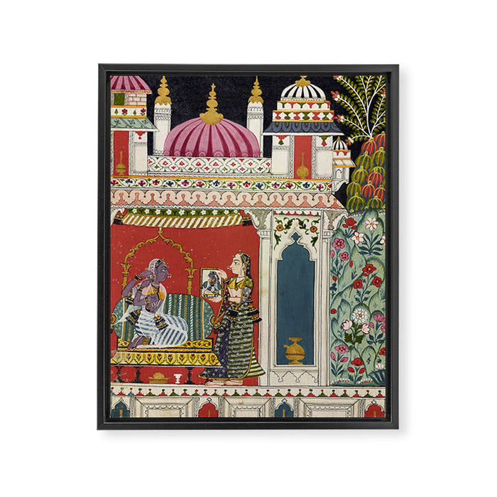 Antique Indian Illustration Princess Mirror Framed Canvas Print Gallery Image 1