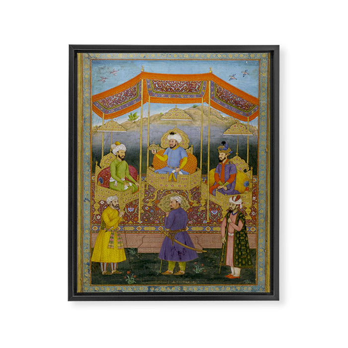 Antique Indian Miniature Painted Illustration Timur handing the crown to Babur Framed Canvas Print Gallery Image 1