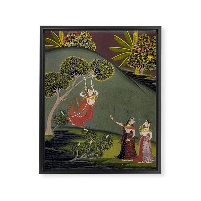 Antique Indian Painted Illustration The Swing Framed Canvas Print Gallery Image 1