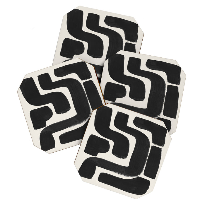 Black Ink Paint Brush Strokes Abstract Organic Pattern Mid Century Style Coaster Gallery Image 1