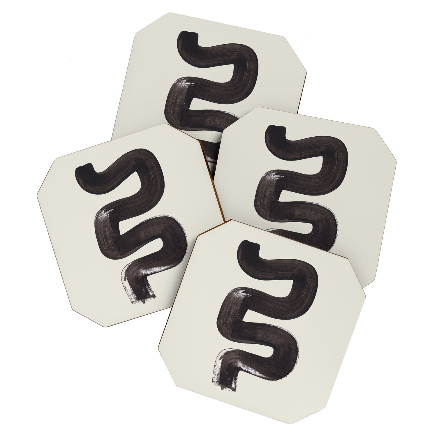 Black & White Minimalist Abstract Shapes Patterns Black Ink Painting Coaster Gallery Image 1
