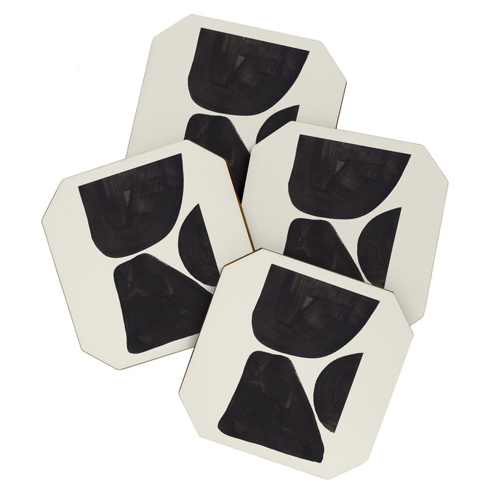 Black & White Minimalist Abstract Shapes Patterns Black Ink Painting Coaster Gallery Image 1