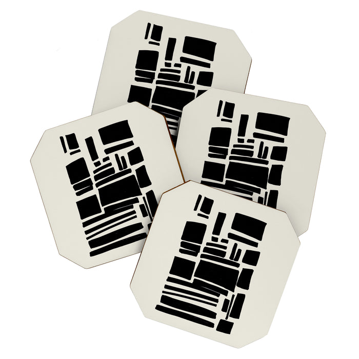 Black & White Minimalist Abstract Shapes Patterns Black Ink Painting Coaster Gallery Image 1