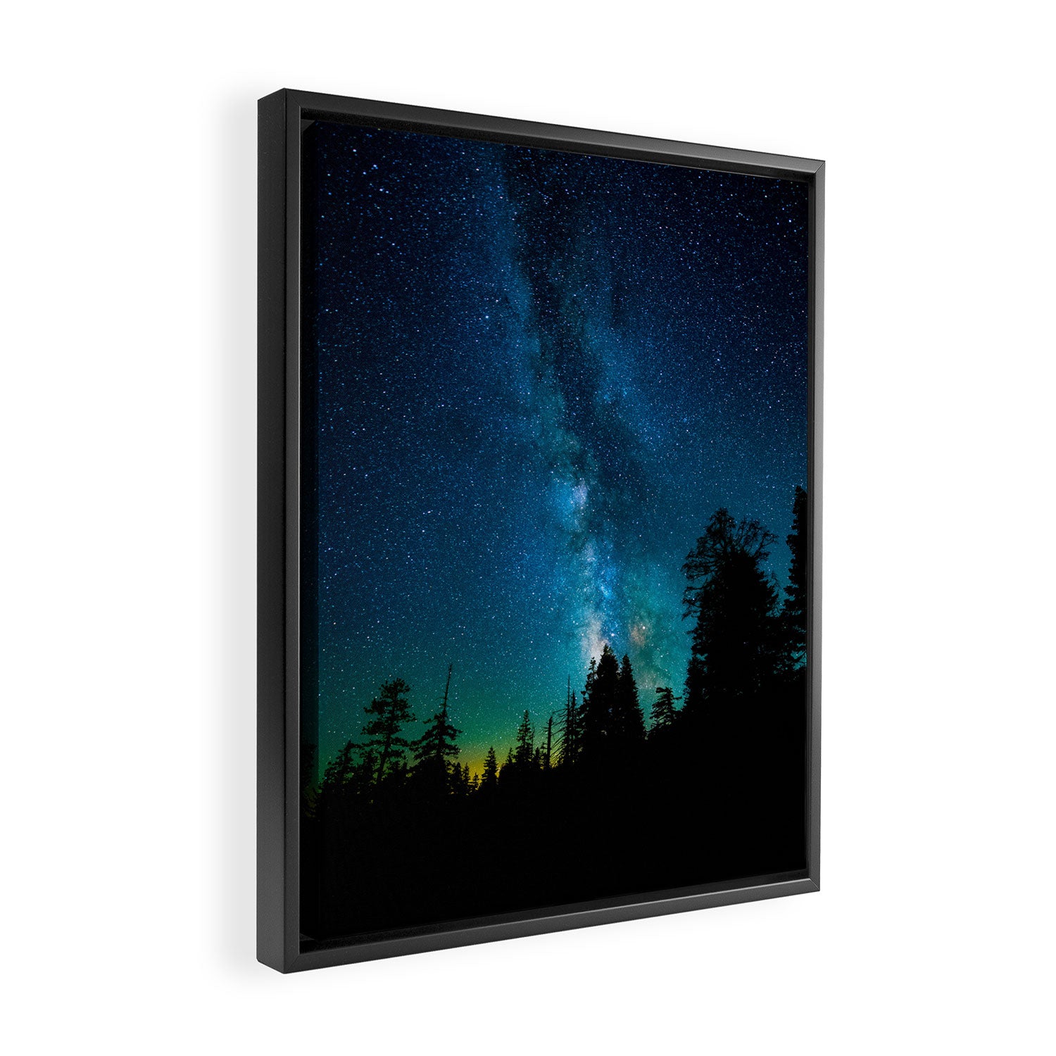 Blue White Milky Way Galaxy At Night Stars At Night Black Trees Silhouette Framed Canvas Print Gallery Image 2