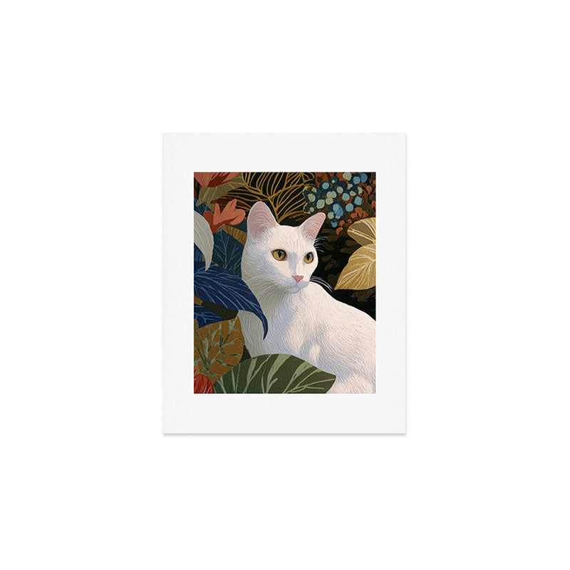 Botanical White Cat Art Print Gallery Image 1
