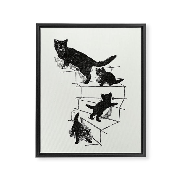 Cat With Kitten On Stairs Framed Canvas Print Gallery Image 1