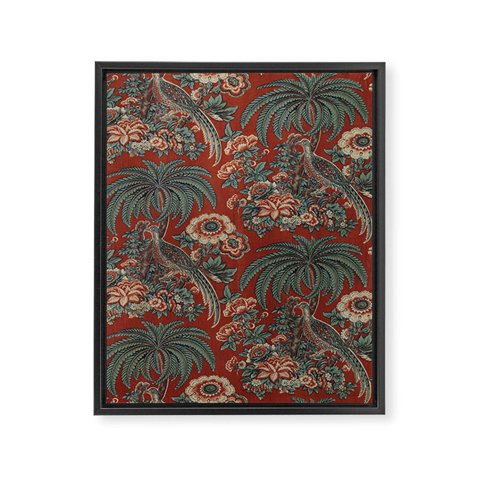 Classic Chinese Chinoiserie Floral Bird Pattern Red Framed Canvas Print Gallery Image 1