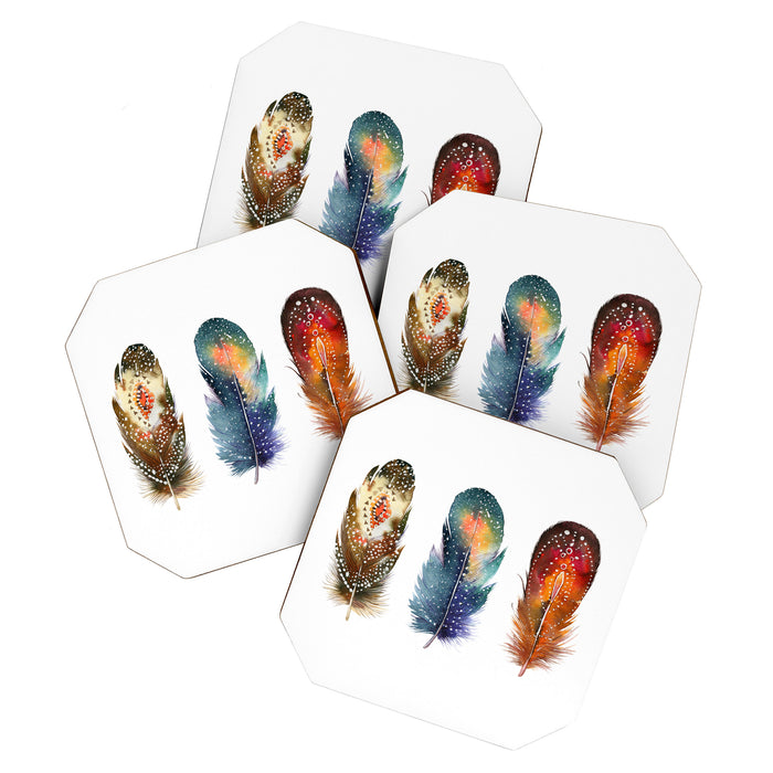Colorful Magical Mystical Feathers Watercolor Painting Nature Tribal Patterns White Background Coaster Gallery Image 1