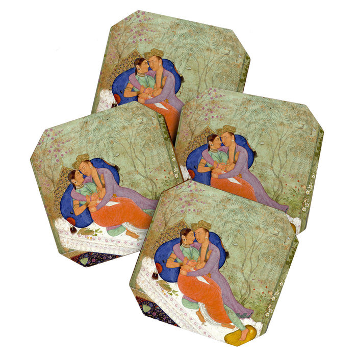 Embracing Couple Indian Painting Miniature Mughal Art Coaster Gallery Image 1