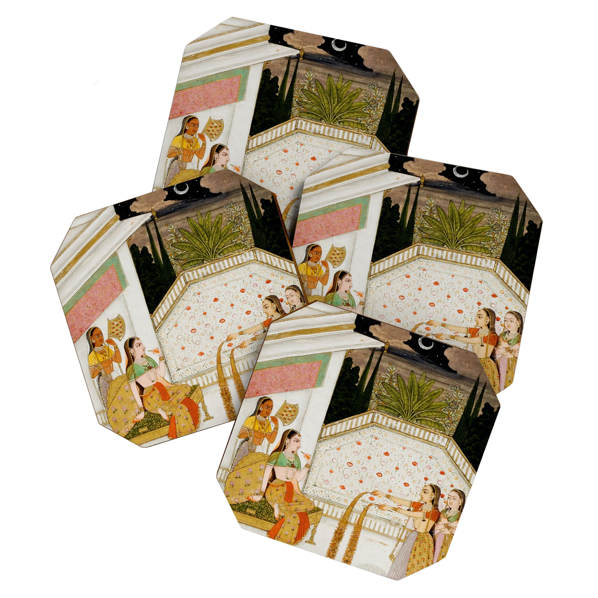 Fireworks At Night Royal Court Ladies Indian Miniature Painting  Coaster Gallery Image 1