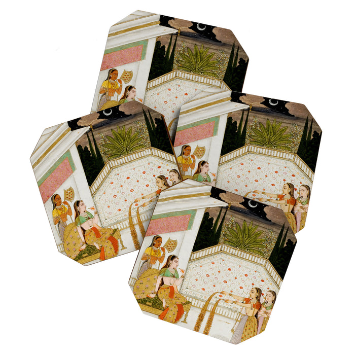 Fireworks At Night Royal Court Ladies Indian Miniature Painting  Coaster Gallery Image 1