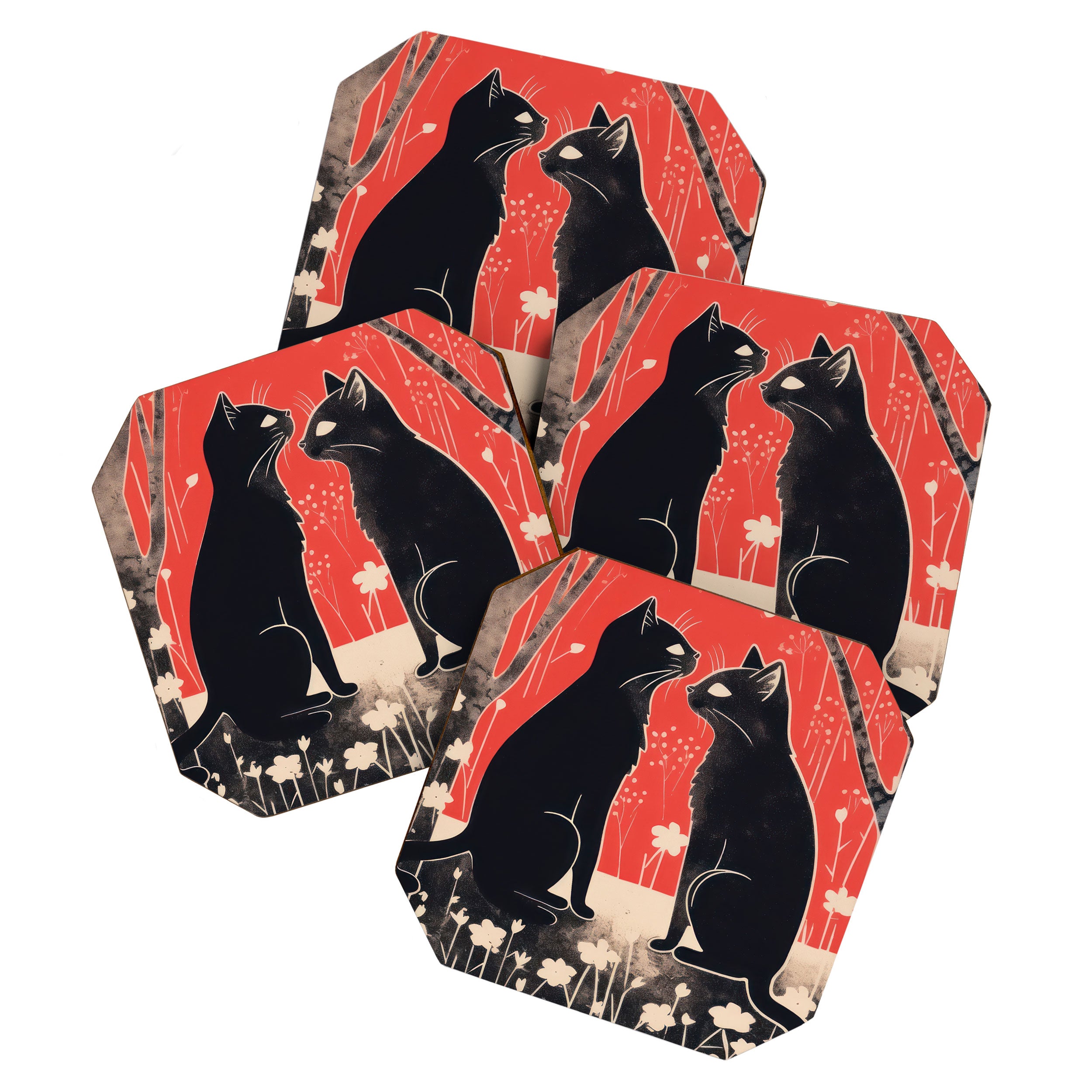 Forest Blossom Black Cat Pair Coaster Gallery Image 1