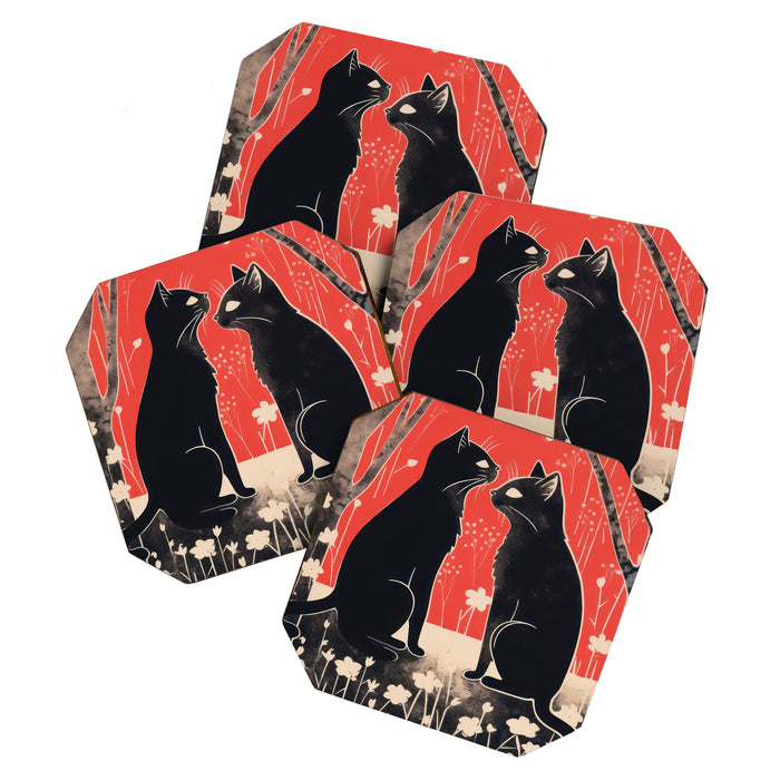 Forest Blossom Black Cat Pair Coaster Gallery Image 1