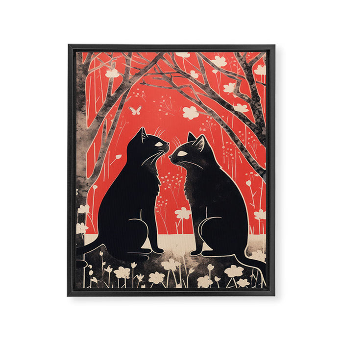 Forest Blossom Black Cat Pair Framed Canvas Print Gallery Image 1