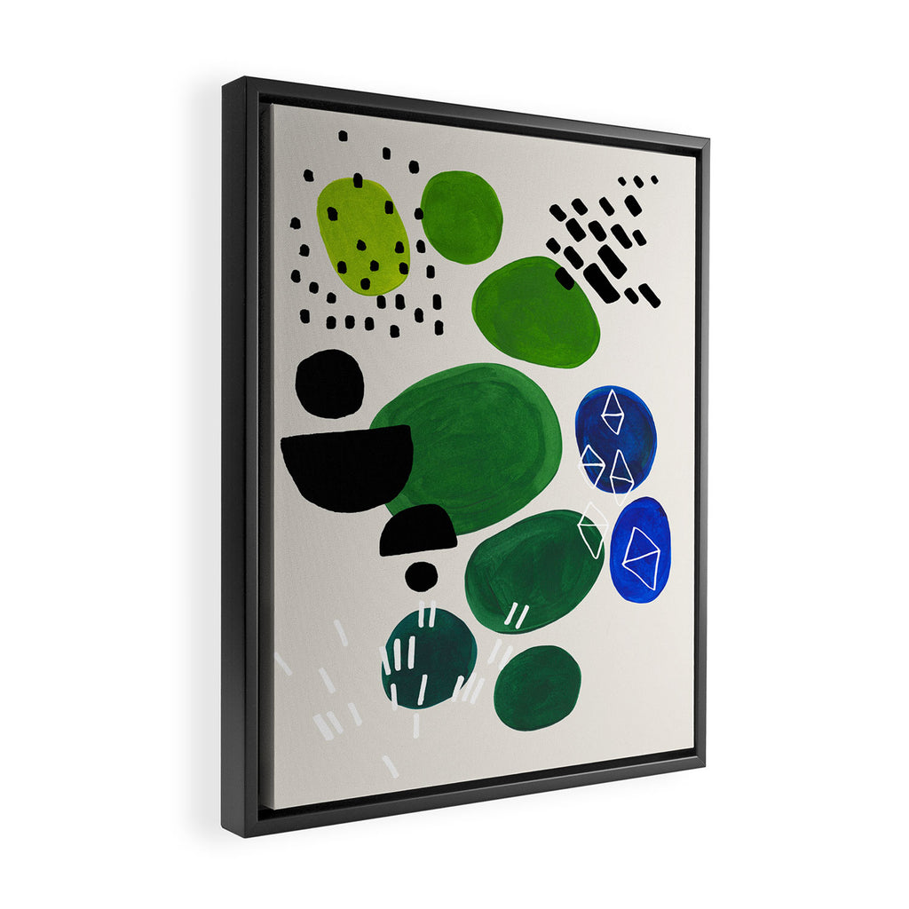 Fun Abstract Minimalist Mid Century Modern Colorful Shapes Lime Green Blue Watercolor Bubbles Framed Canvas Print Gallery Image 2