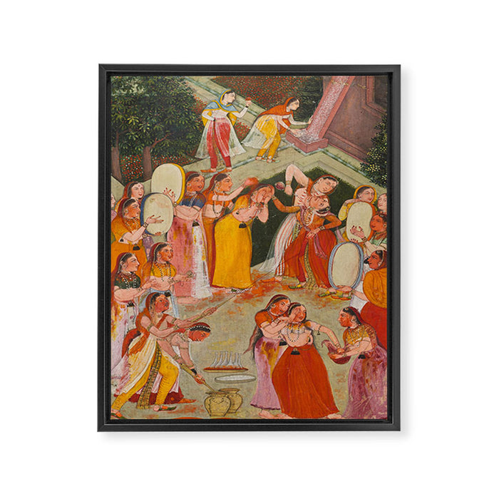 Girls Spraying Each Other at Holi c. 1640-50 Northwestern India, Rajasthan, Rajput Kingdom of Bikaner Gum tempera, ink, and gold on paper  Framed Canvas Print Gallery Image 1