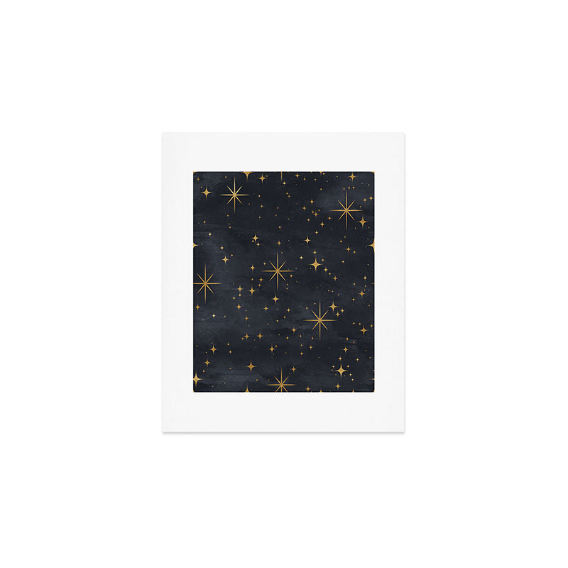 Gold Stars Black Ink Night Sky Magical Mid Century Pattern Art Print Gallery Image 1