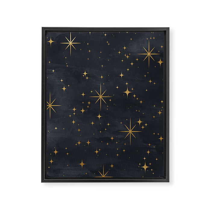 Gold Stars Black Ink Night Sky Magical Mid Century Pattern Framed Canvas Print Gallery Image 1