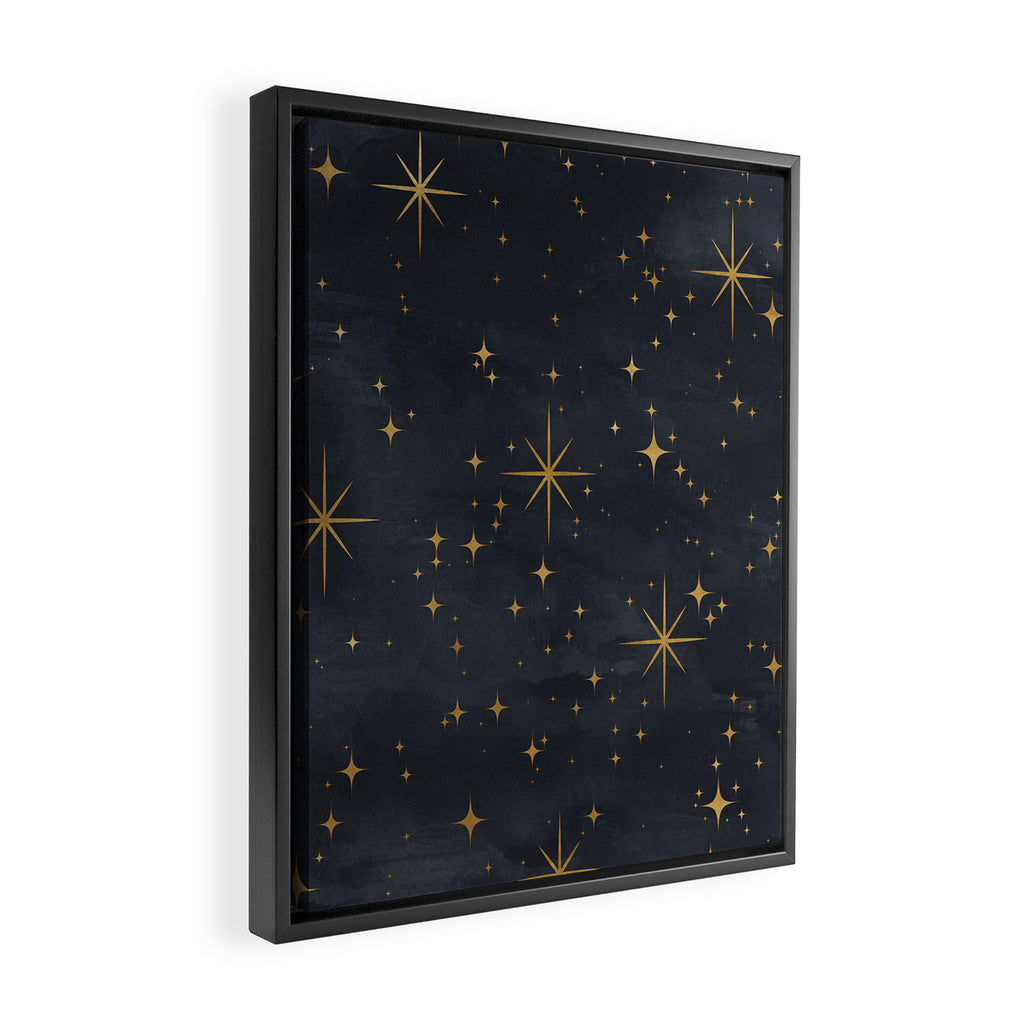 Gold Stars Black Ink Night Sky Magical Mid Century Pattern Framed Canvas Print Gallery Image 2