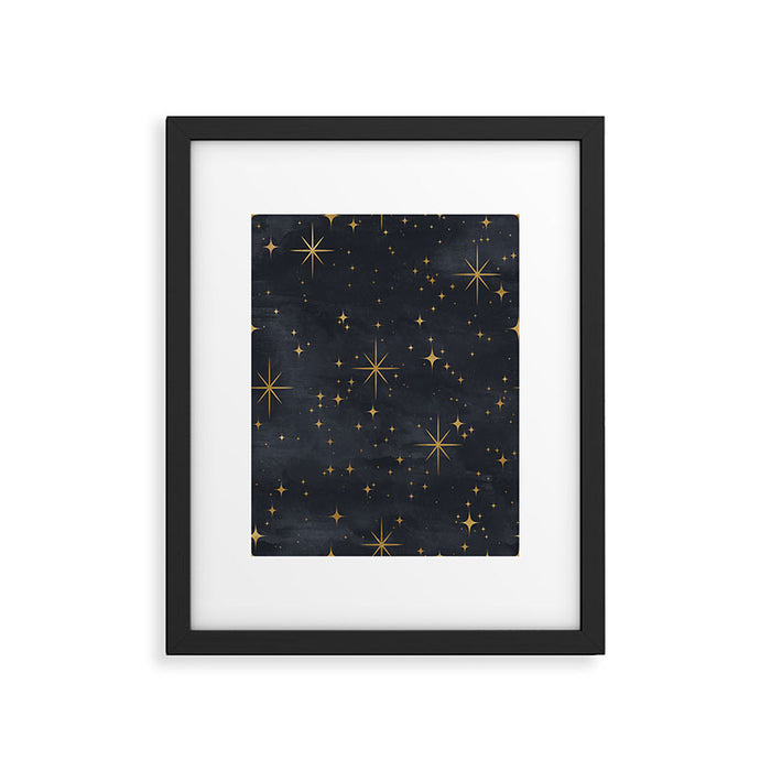 Gold Stars Black Ink Night Sky Magical Mid Century Pattern Framed Art Print Gallery Image 1