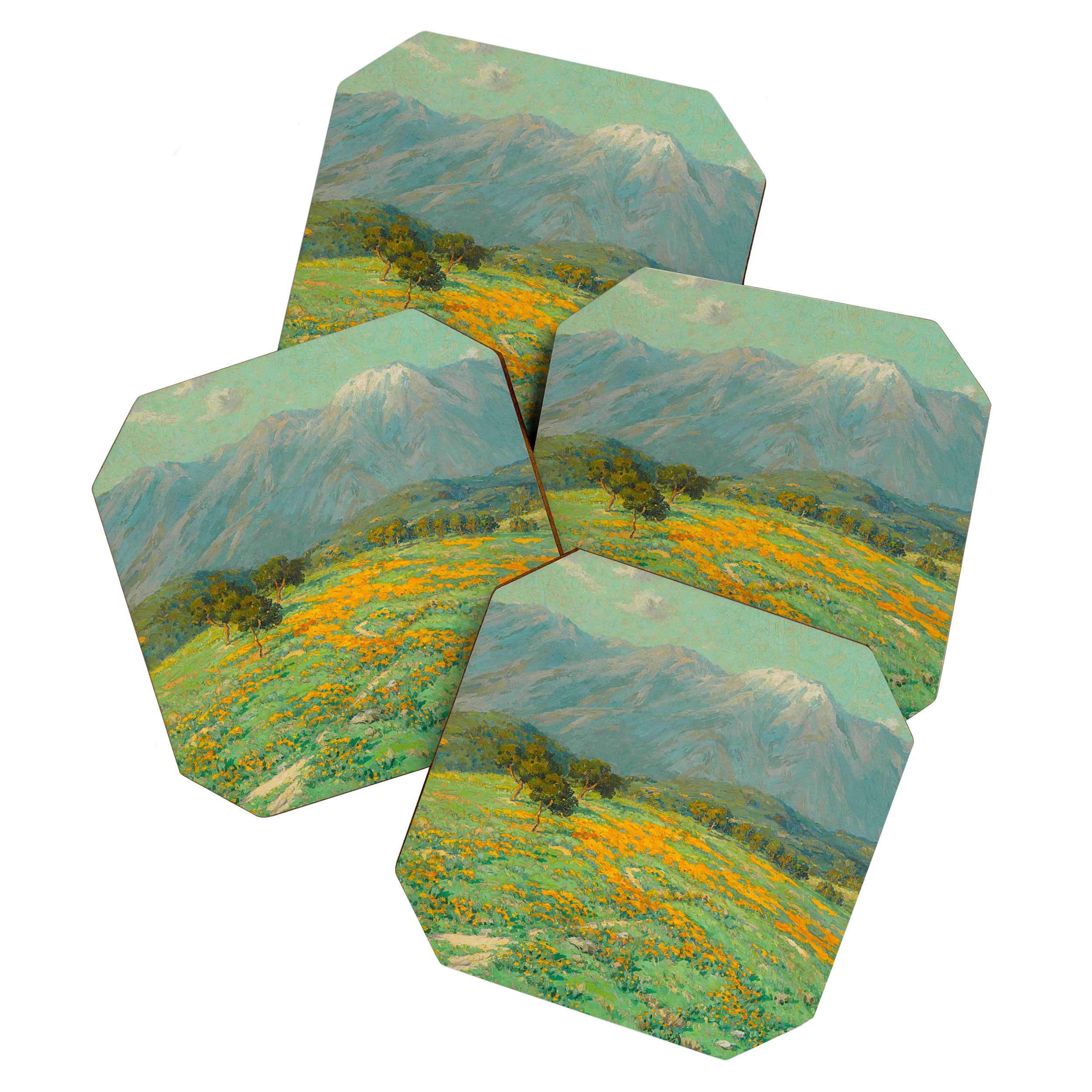Granville Redmond snow cap spring landscape painting orange flowers green field Coaster Gallery Image 1