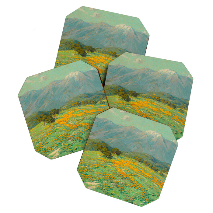 Granville Redmond snow cap spring landscape painting orange flowers green field Coaster Gallery Image 1