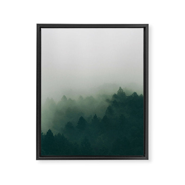 Green Pine Trees Misty Foggy Forest Green Ombre Gradient Minimalist Landscape Framed Canvas Print Gallery Image 1