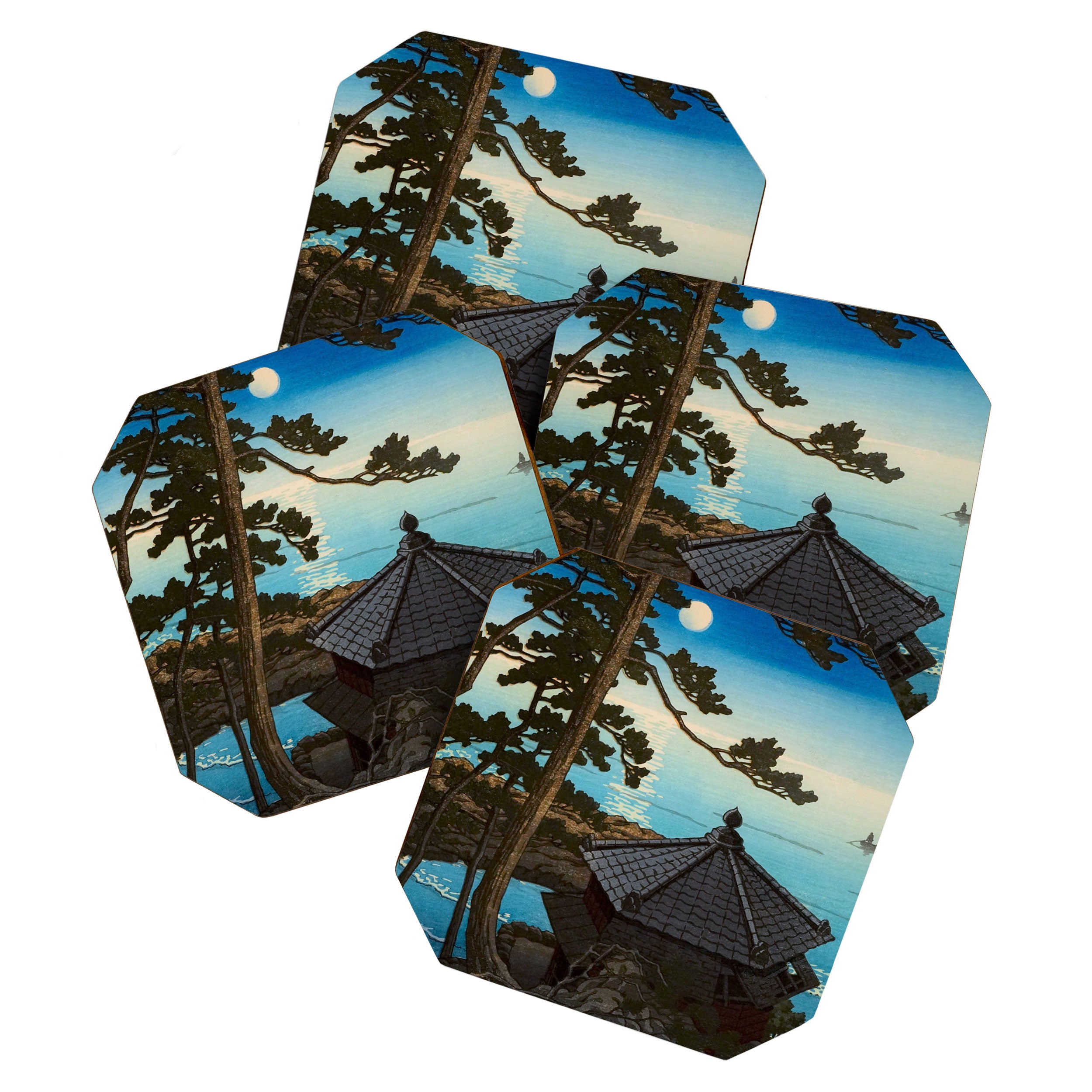 Hasui Moon Over Izura Ibaraki Antique Japanese Woodblock Print  Coaster Gallery Image 1