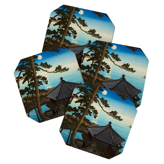 Hasui Moon Over Izura Ibaraki Antique Japanese Woodblock Print  Coaster Gallery Image 1