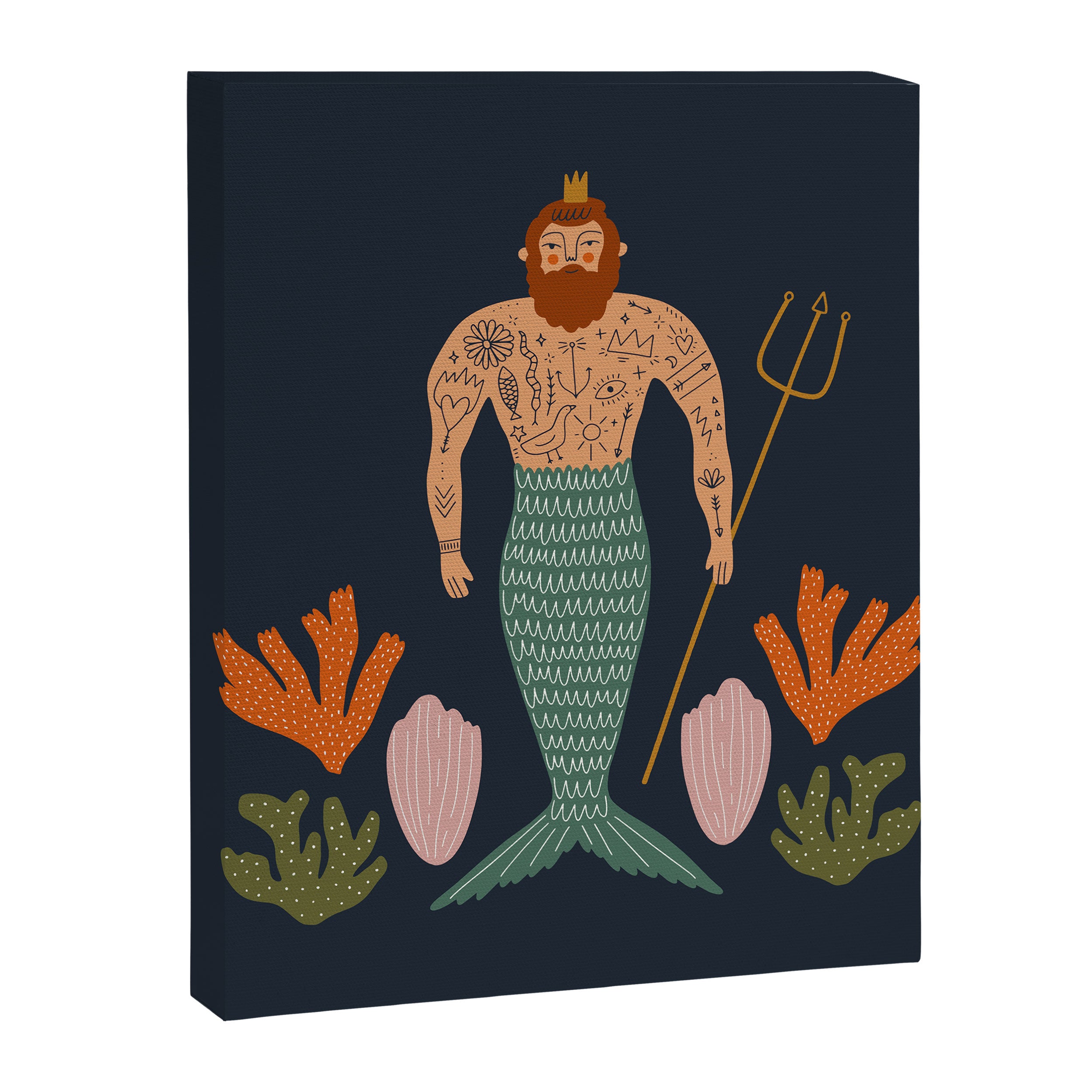 Hipster Mermaid Merman With Tattoos Poseidon King Of The Sea Midcentury Modern Cool Magical Mystical Abstract Art Bohemian Boho Style Trendy  Canvas Print Gallery Image 6