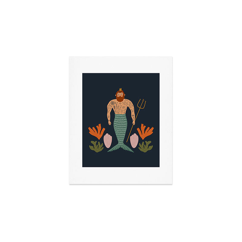 Hipster Mermaid Merman With Tattoos Poseidon King Of The Sea Midcentury Modern Cool Magical Mystical Abstract Art Bohemian Boho Style Trendy  Art Print Gallery Image 1