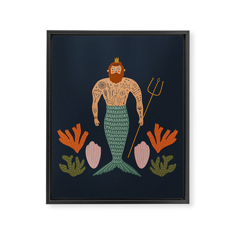 Hipster Mermaid Merman With Tattoos Poseidon King Of The Sea Midcentury Modern Cool Magical Mystical Abstract Art Bohemian Boho Style Trendy  Framed Canvas Print Gallery Image 6