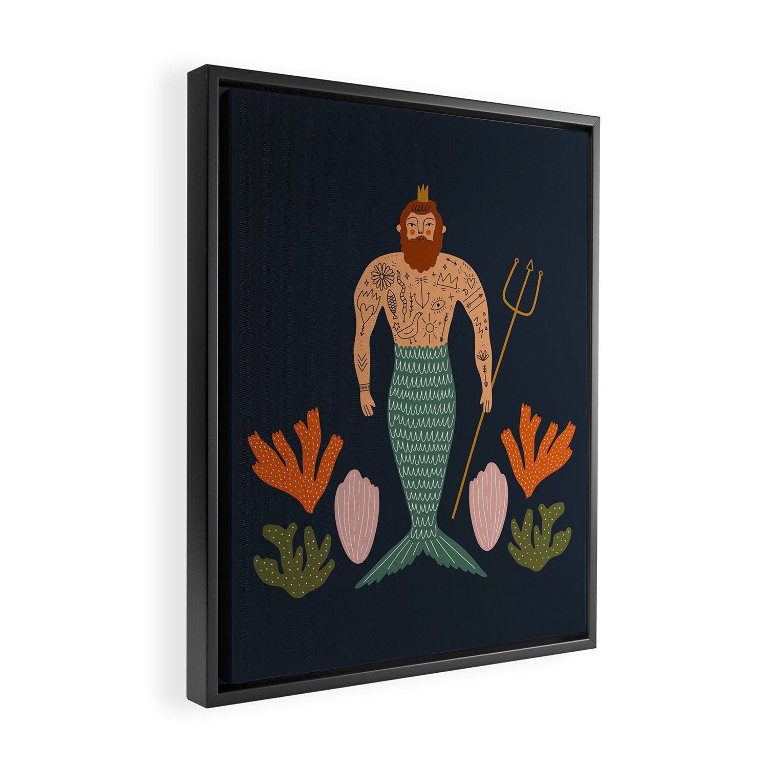 Hipster Mermaid Merman With Tattoos Poseidon King Of The Sea Midcentury Modern Cool Magical Mystical Abstract Art Bohemian Boho Style Trendy  Framed Canvas Print Gallery Image 2