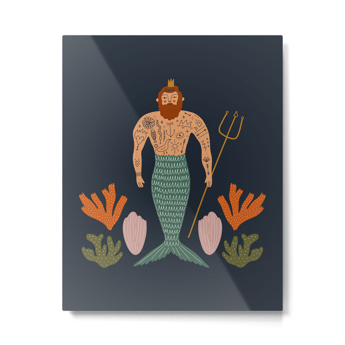 Hipster Mermaid Merman With Tattoos Poseidon King Of The Sea Midcentury Modern Cool Magical Mystical Abstract Art Bohemian Boho Style Trendy  Metal Print Gallery Image 1