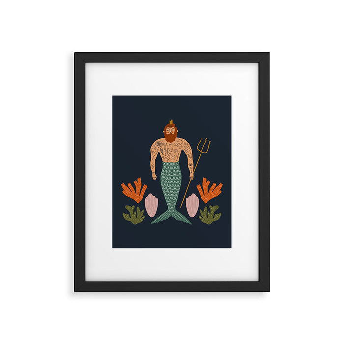 Hipster Mermaid Merman With Tattoos Poseidon King Of The Sea Midcentury Modern Cool Magical Mystical Abstract Art Bohemian Boho Style Trendy  Framed Art Print Gallery Image 1
