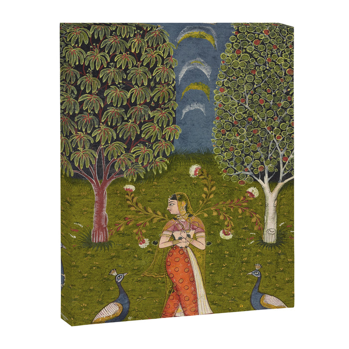 Indian Miniature Painted Illustration Princess In the Peacock Garden Floral Pose Canvas Print Gallery Image 1